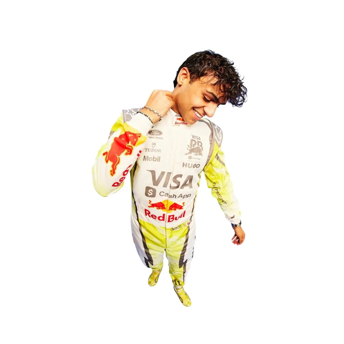 Close-up of 2026 Miami GP inspired racing suit with sponsor-style graphics and bright yellow sleeves