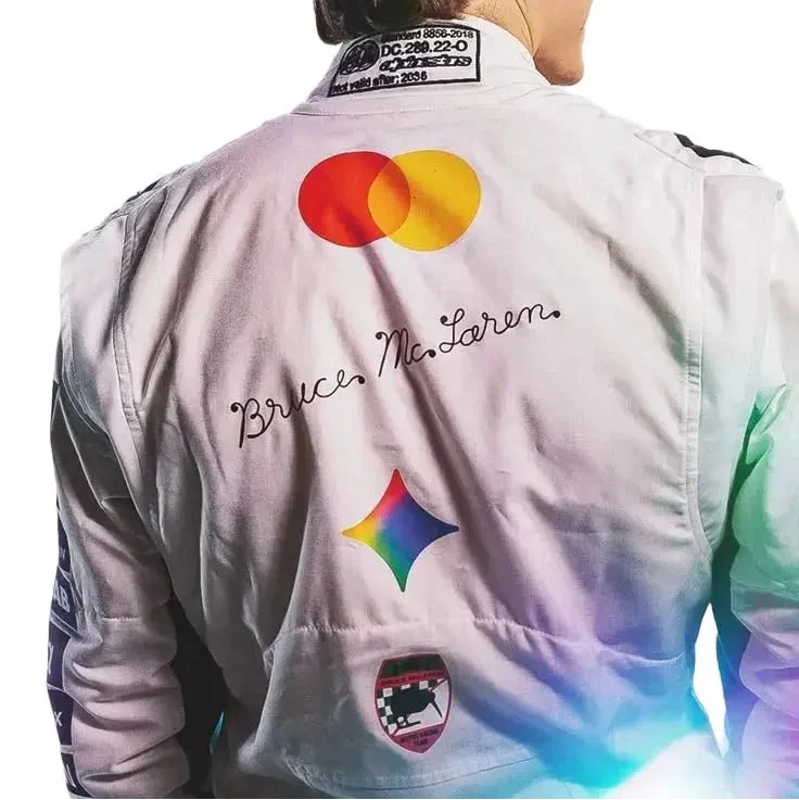 Lando Norris inspired white 2026 F1 racing suit with dark shoulder graphics and motorsport sponsor-style details