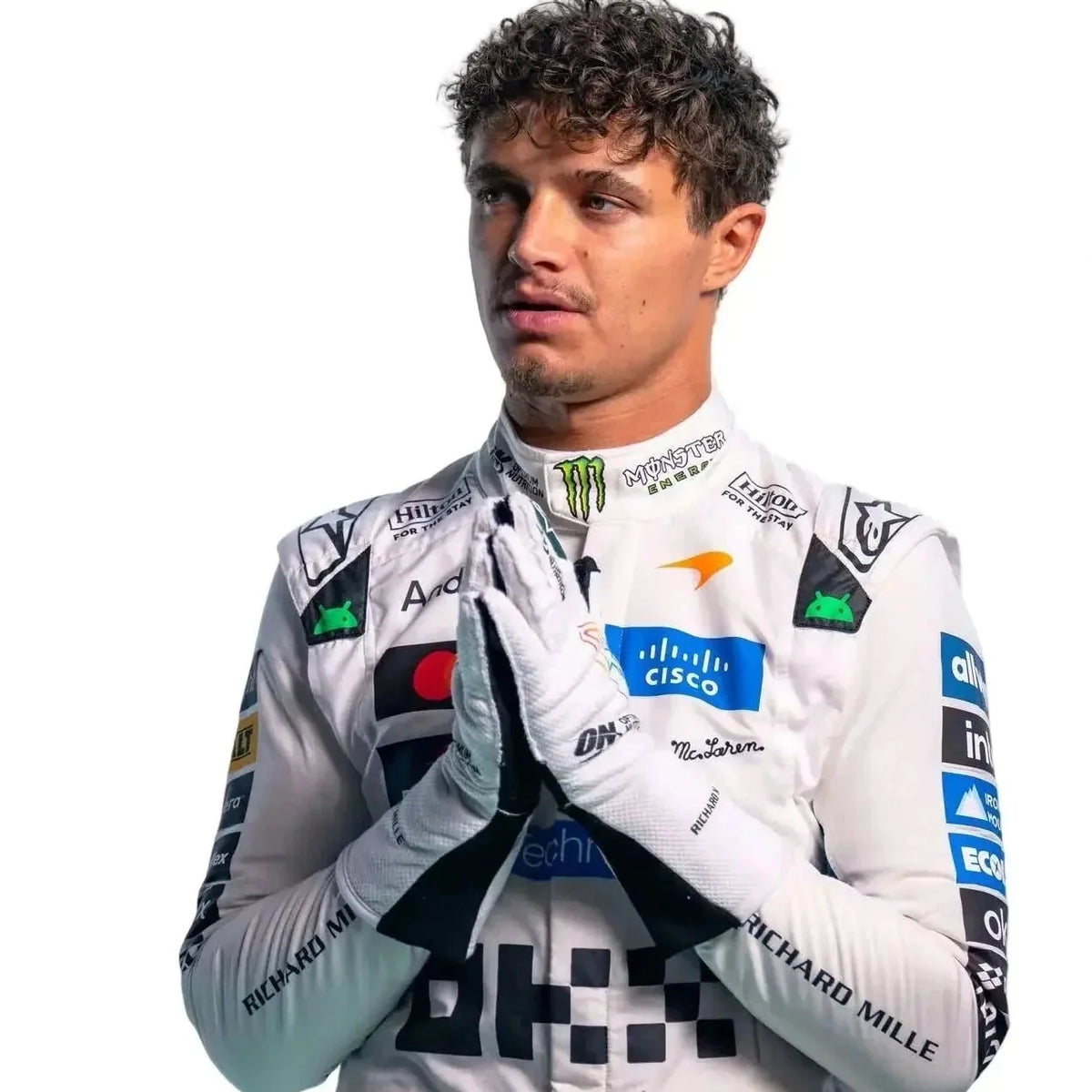 Lando Norris inspired white 2026 F1 racing suit with dark shoulder graphics and motorsport sponsor-style details