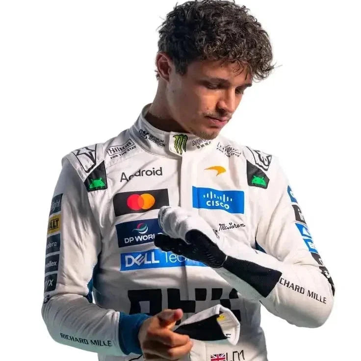 Lando Norris inspired white 2026 F1 racing suit with dark shoulder graphics and motorsport sponsor-style details