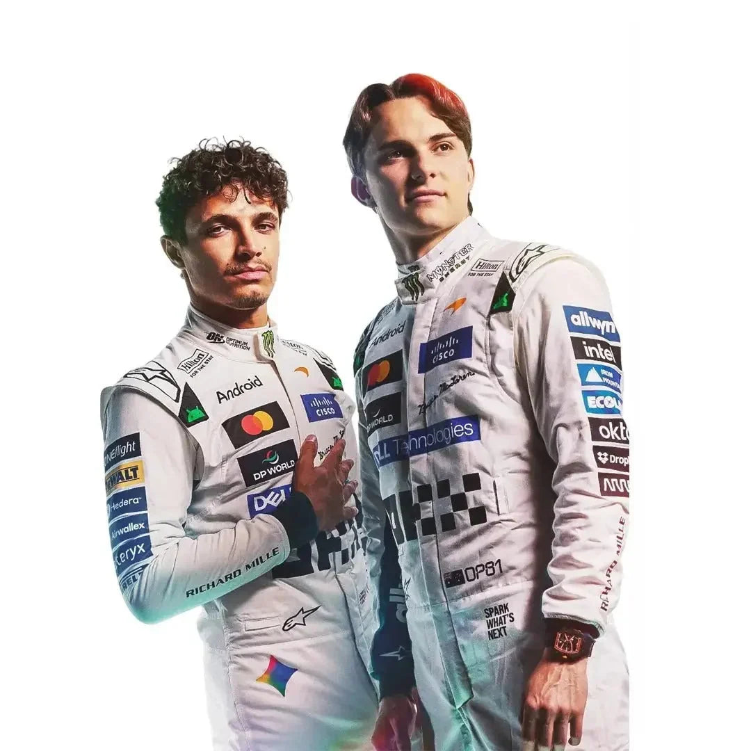 Lando Norris inspired white 2026 F1 racing suit with dark shoulder graphics and motorsport sponsor-style details