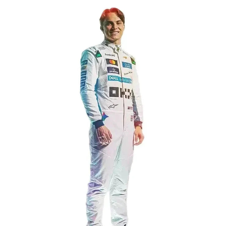 Lando Norris inspired white 2026 F1 racing suit with dark shoulder graphics and motorsport sponsor-style details