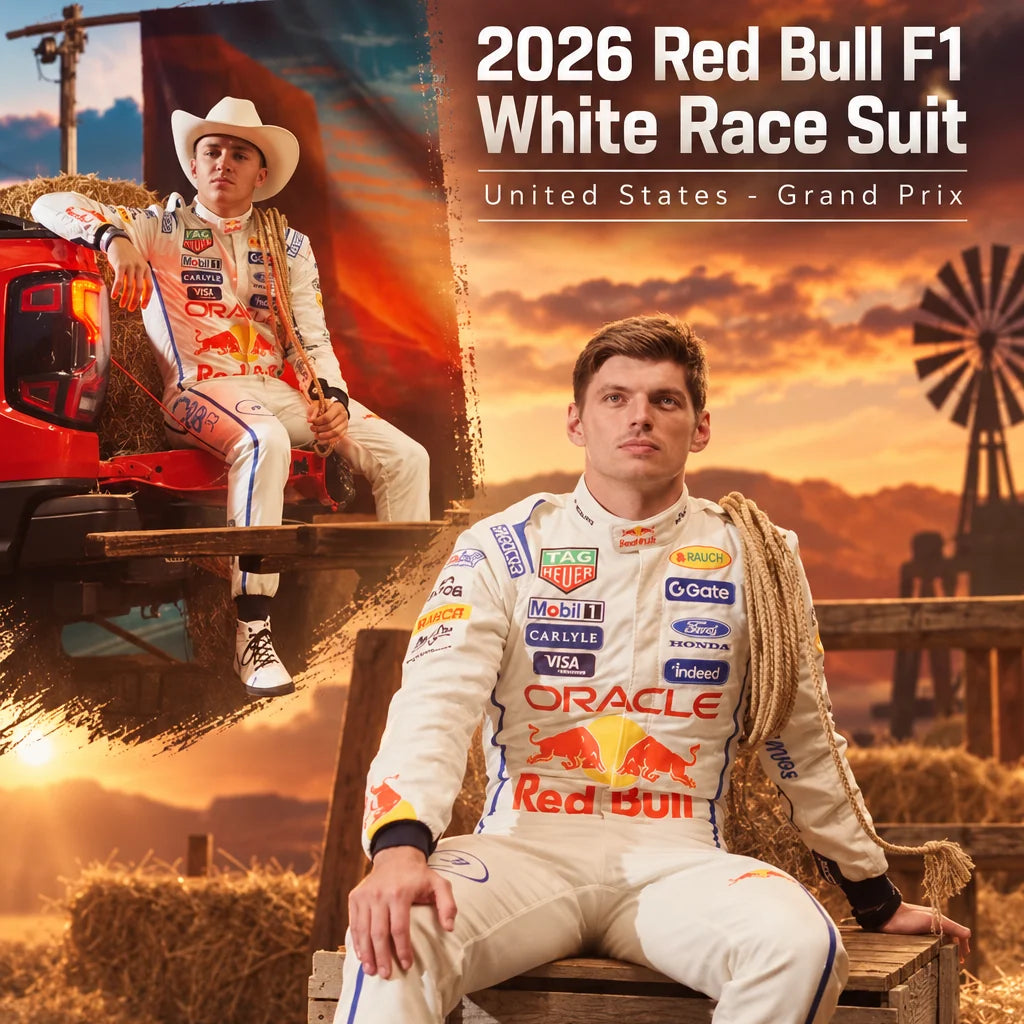 2026 Red Bull F1 white race suit with blue accents and racing graphics in a United States Grand Prix inspired promotional scene