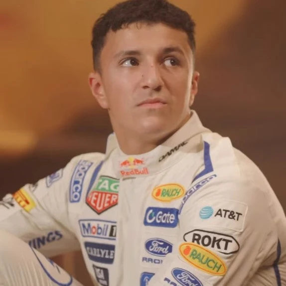 White Formula 1-inspired race suit styled with a cowboy hat for a United States Grand Prix themed look