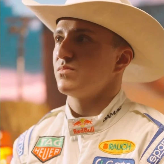 White Formula 1-inspired race suit styled with a cowboy hat for a United States Grand Prix themed look