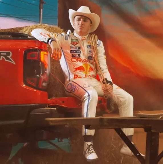 White Formula 1-inspired race suit styled with a cowboy hat for a United States Grand Prix themed look