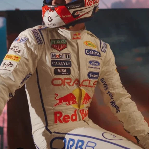 2026 Red Bull F1 white race suit with blue accents and racing graphics in a United States Grand Prix inspired promotional scene