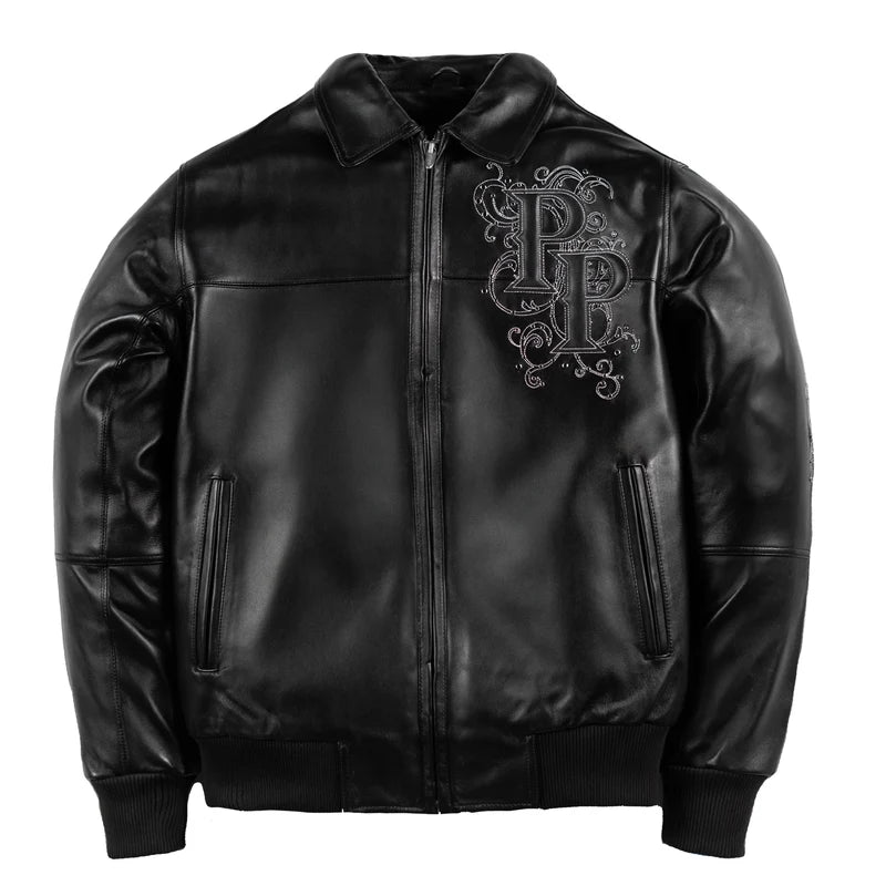  Front view of black Pelle Pelle Shoulder Crest jacket featuring an ornate PP chest monogram, front zipper, and two side pockets