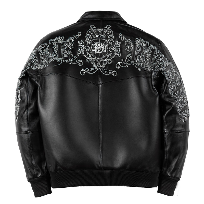 Back view of black Pelle Pelle Shoulder Crest jacket featuring elaborate silver-tone shoulder lettering and an ornate decorative crest