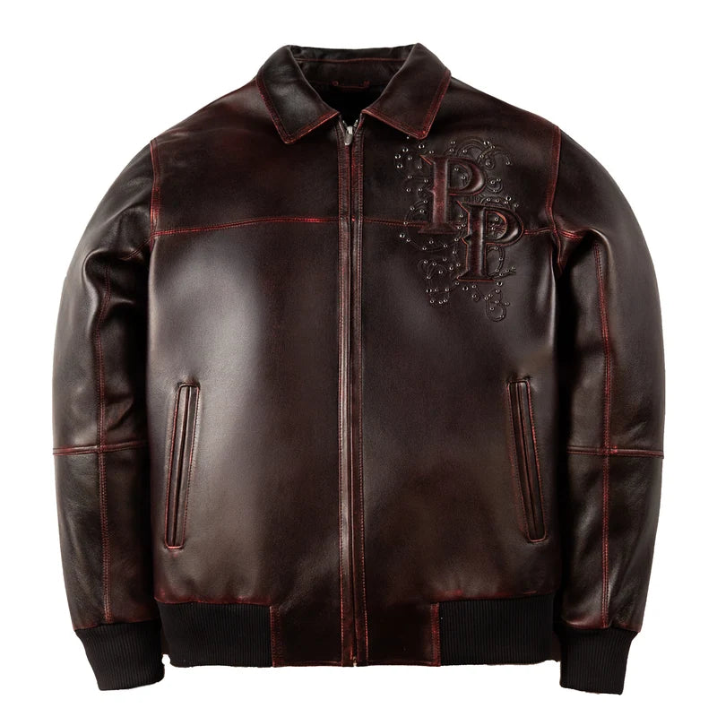 Front view of Pelle Pelle Shoulder Crest black-brown jacket with red contrast stitching, ornate PP chest crest, front zipper, and two side pockets