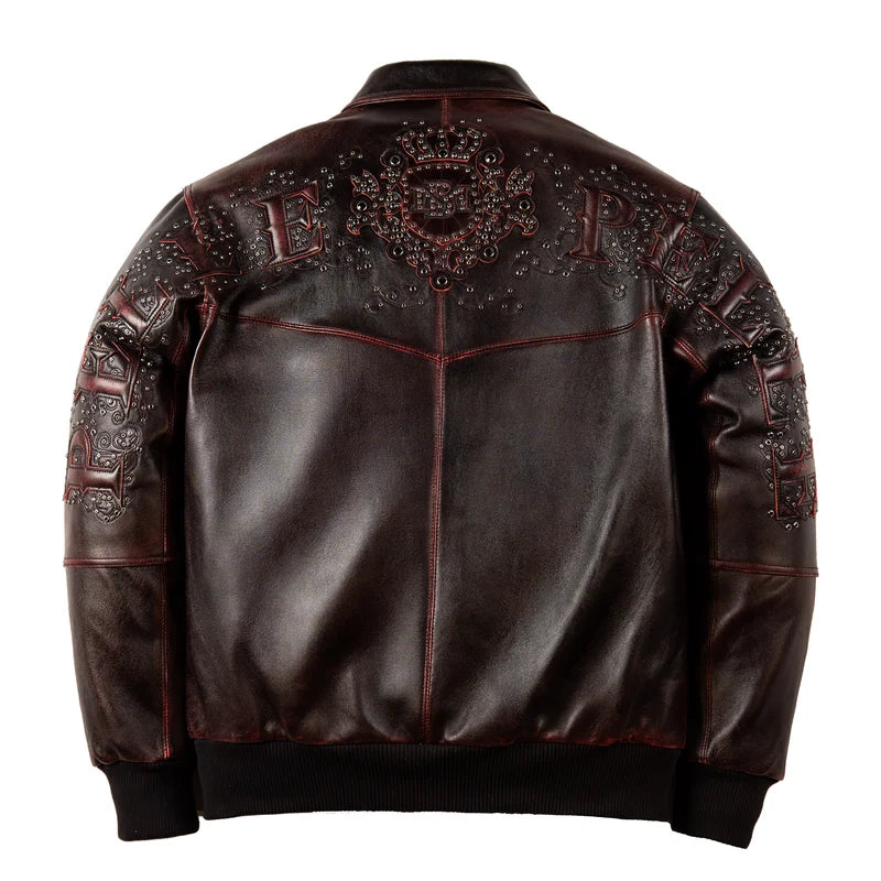 Back view of Pelle Pelle Shoulder Crest black-brown jacket featuring ornate shoulder lettering, decorative crest graphics, and red contrast stitching