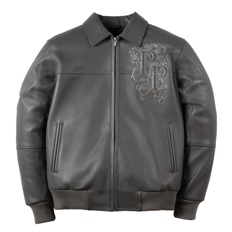 Front view of charcoal-grey Pelle Pelle Shoulder Crest jacket featuring an ornate PP chest monogram, front zipper, and two side pockets