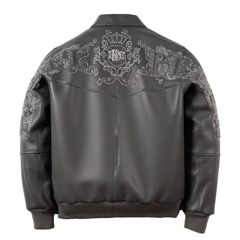 Back view of charcoal-grey Pelle Pelle Shoulder Crest jacket with ornate decorative lettering and crest graphics across the shoulders