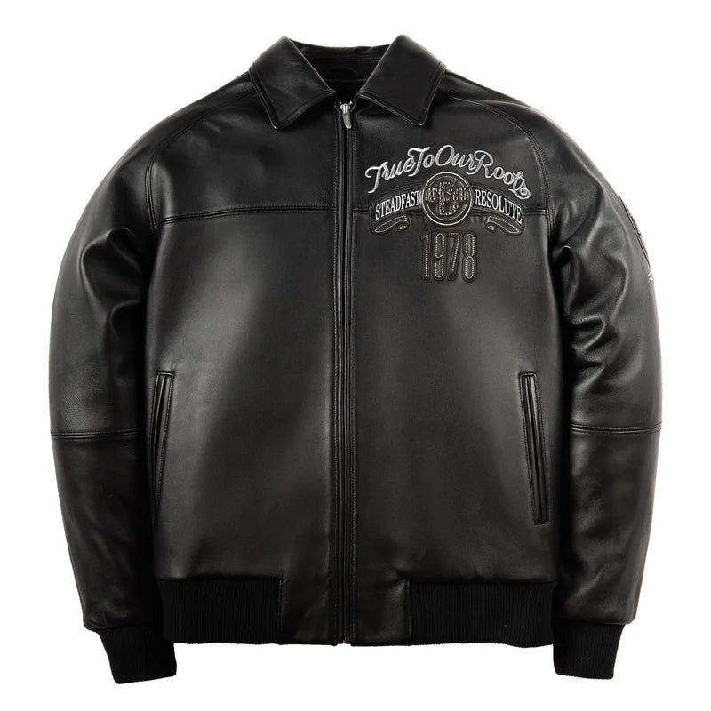 Pelle Pelle True To Our Roots black jacket front view with 1978 crest graphic
