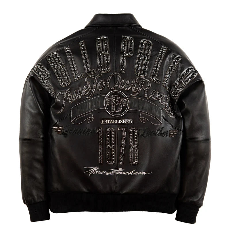 Back view of Pelle Pelle True To Our Roots black jacket with large lettering and decorative 1978 graphics