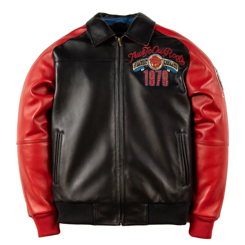 Pelle Pelle True To Our Roots black and red jacket front view with 1978 crest graphic