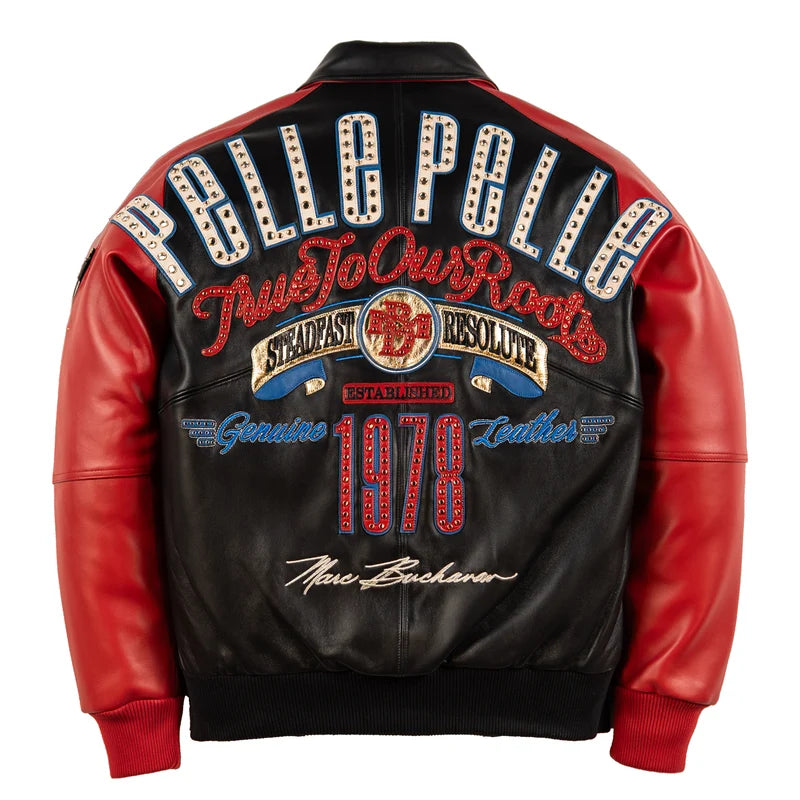 Back view of Pelle Pelle True To Our Roots black and red jacket with large lettering and colorful 1978 graphics