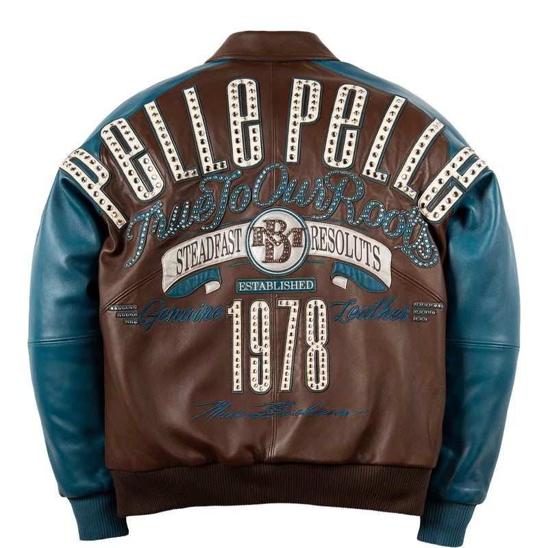 Back view of the Pelle Pelle True To Our Roots brown and teal jacket featuring oversized cream lettering, teal script, crest artwork, and 1978 graphics
