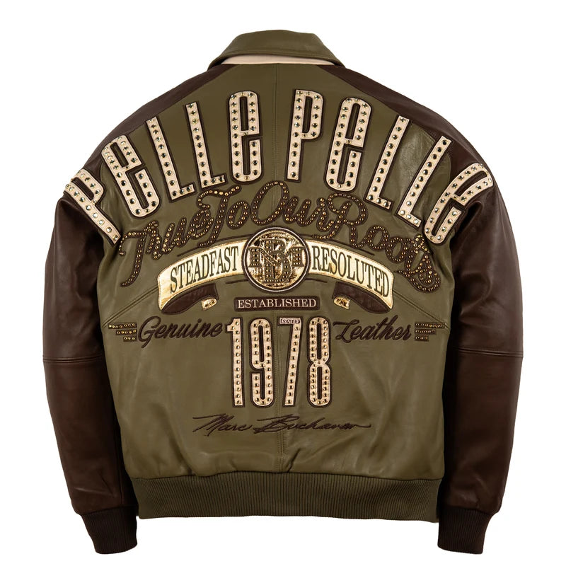 Pelle Pelle True To Our Roots olive green and brown jacket back view with oversized lettering, decorative 1978 graphics, and gold-tone embellishments