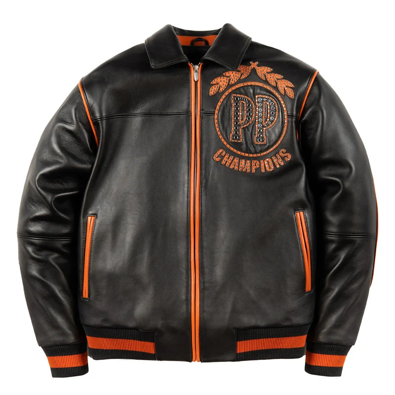 Front view of black Champions-style jacket with orange studded chest graphics, contrast piping, and full zipper