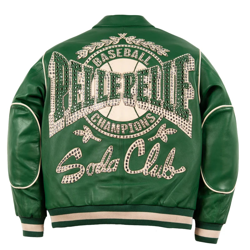 Back view of green Champions-style jacket with oversized cream decorative graphics and Soda Club lettering