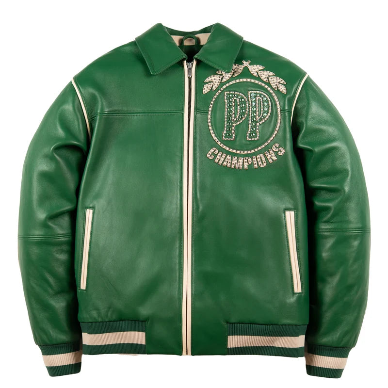 Front view of green Champions-style jacket with cream studded chest graphics, contrast piping, and full zipper