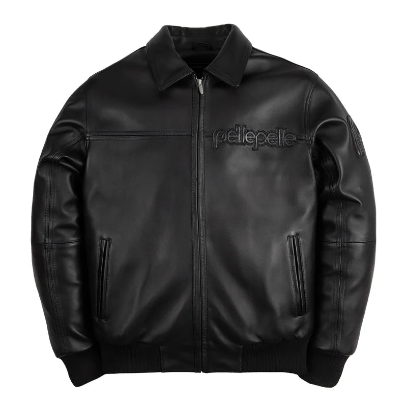 Front view of black Pelle Pelle jacket with tonal chest logo, full front zipper, and two side pockets
