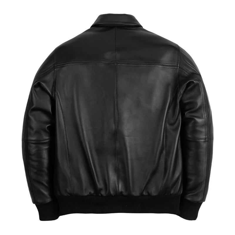  Back view of all-black Pelle Pelle jacket with clean panel seams and ribbed hem

