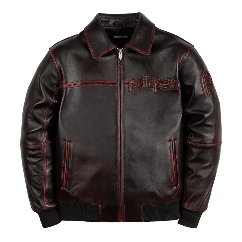 Front view of black Pelle Pelle jacket with tonal chest logo, red contrast stitching, front zipper, and two side pockets