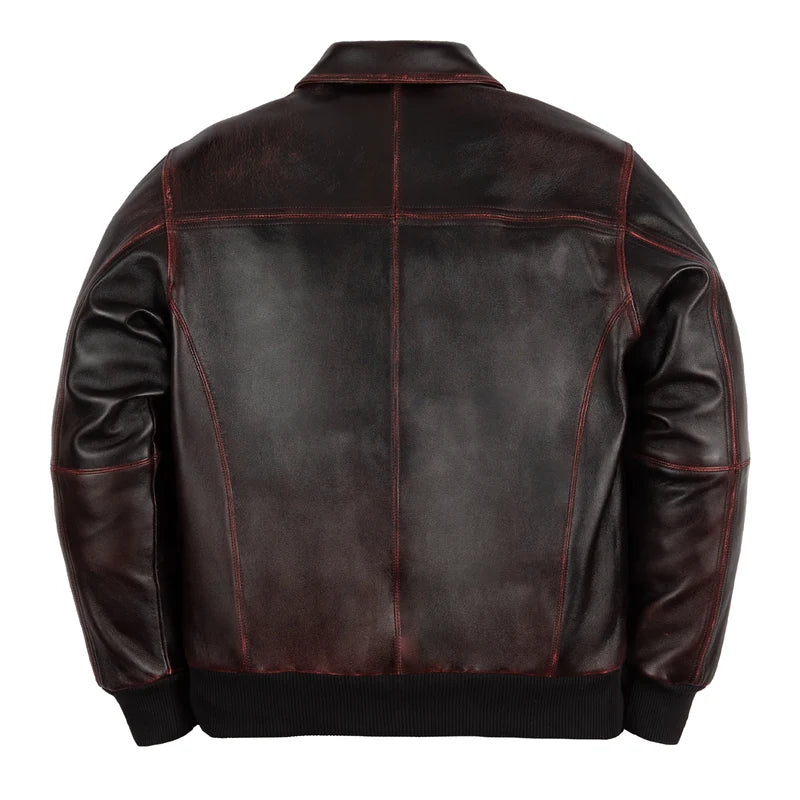 Back view of black Pelle Pelle jacket with clean panel seams, red contrast stitching, and ribbed hem
