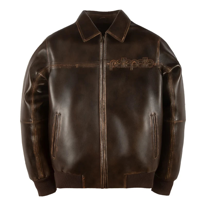 Front view of dark brown Pelle Pelle jacket with subtle tonal chest logo, full zipper, and two side pockets