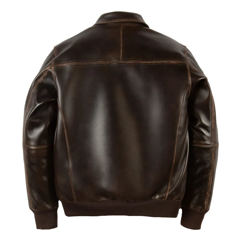 Back view of dark brown Pelle Pelle jacket with clean panel seams and matching brown stitching