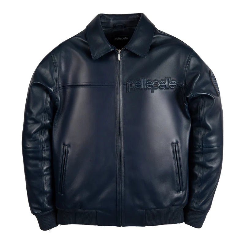 Front view of navy blue Pelle Pelle jacket with subtle tonal chest logo, full zipper, and two side pockets