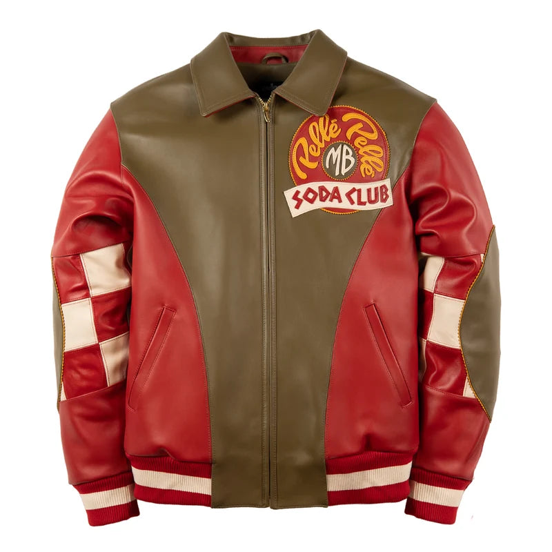 Front view of olive and red Soda Club-style jacket with cream checkerboard sleeve panels and chest graphic