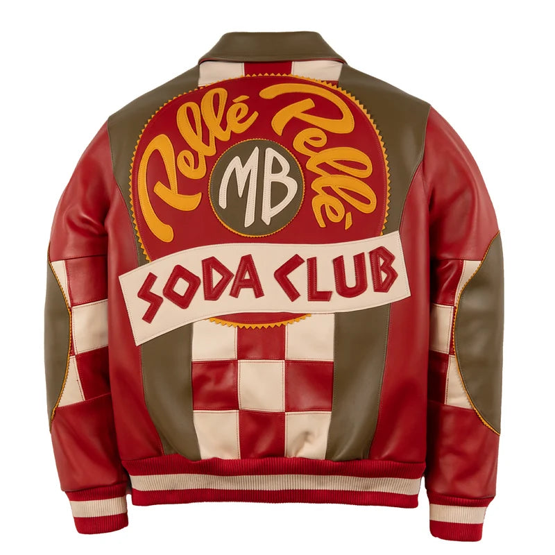 Back view of olive and red Soda Club-style jacket featuring oversized circular graphic and cream checkerboard panels