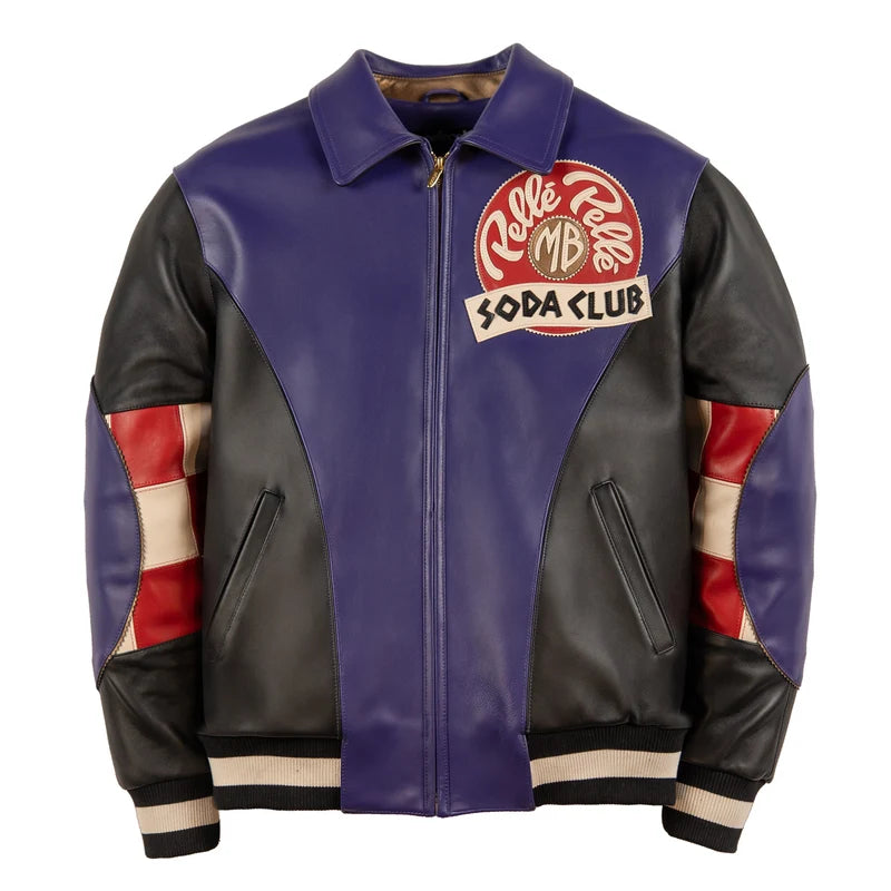  Pelle Pelle Checkered Soda Club Jacket front view in purple and black with red and ivory sleeve accents