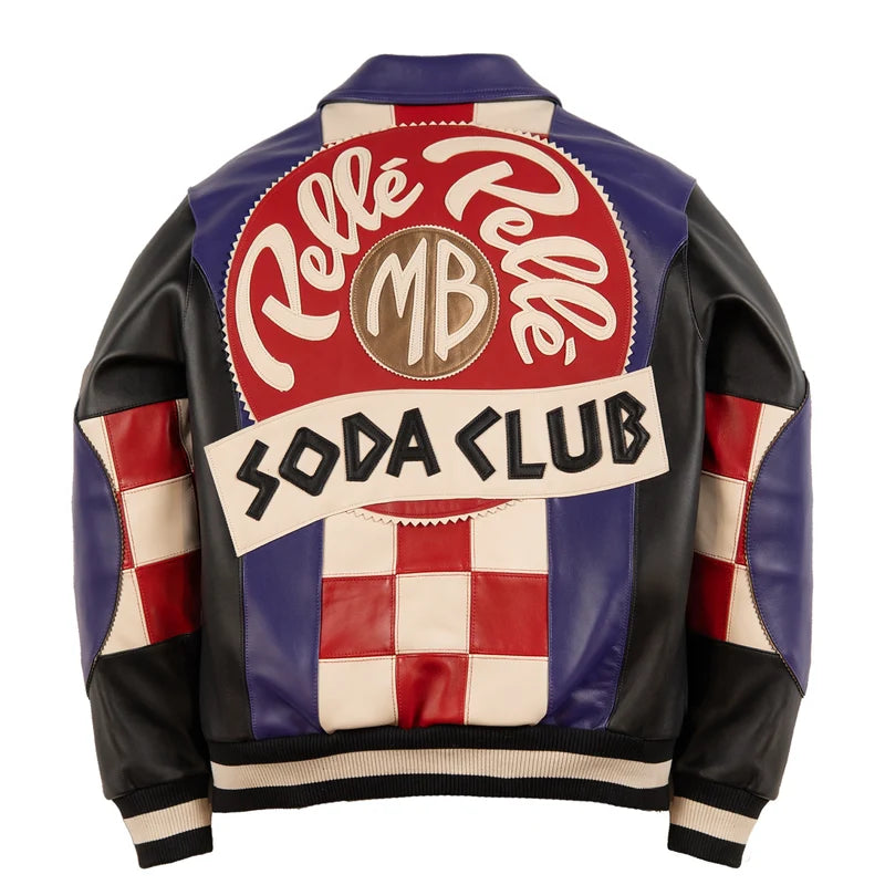 Back view of Pelle Pelle Checkered Soda Club Jacket with large Soda Club lettering and red ivory checkerboard design