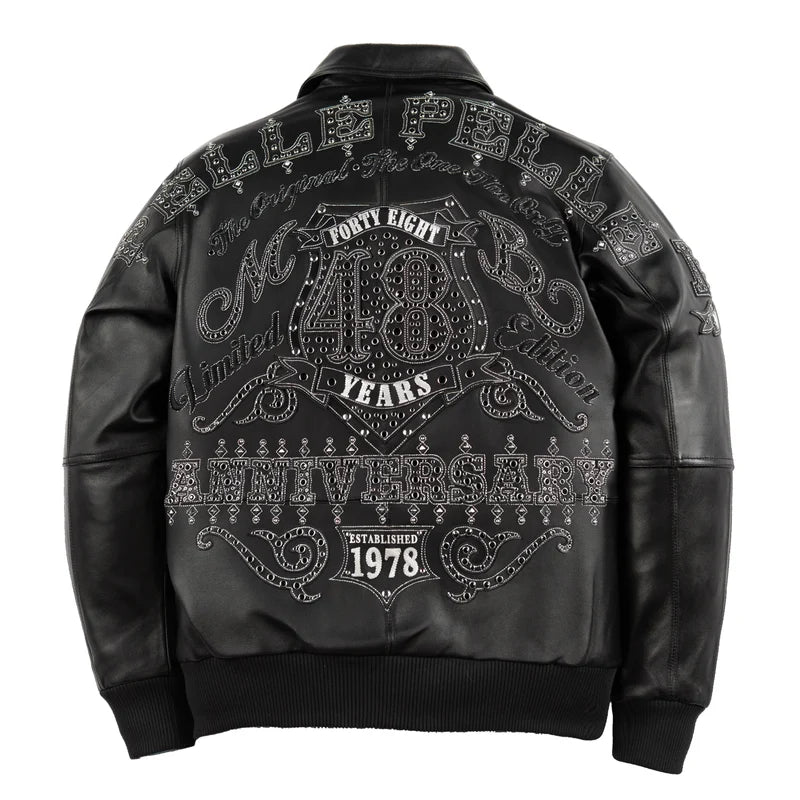 Back view of the Pelle Pelle Unrivaled Anniversary black jacket with oversized tonal lettering, 48 Years artwork, and Established 1978 detail
