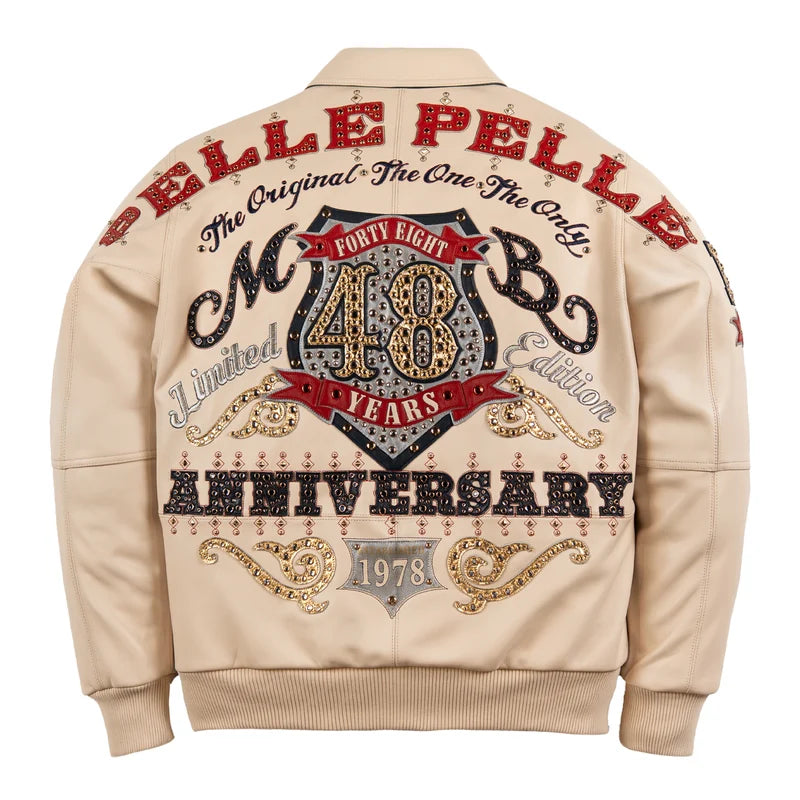  Back view of the Pelle Pelle Unrivaled Anniversary ivory jacket with large 48 Years anniversary artwork and decorative gold-tone flourishes