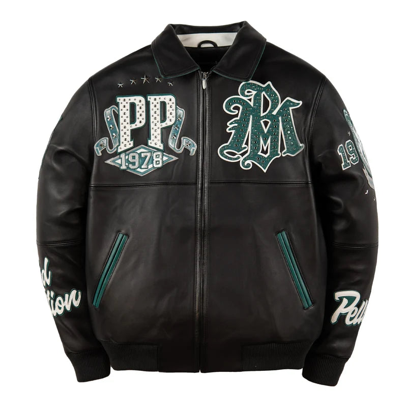 Front view of black Pelle Pelle All Time Champions jacket with teal-green and white PP 1978 graphics, decorative sleeves, and two side pockets