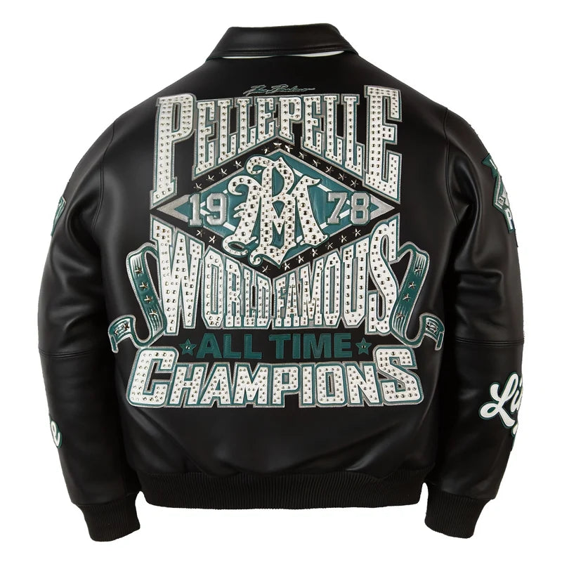 Back view of black Pelle Pelle All Time Champions jacket with oversized white and teal-green championship lettering
