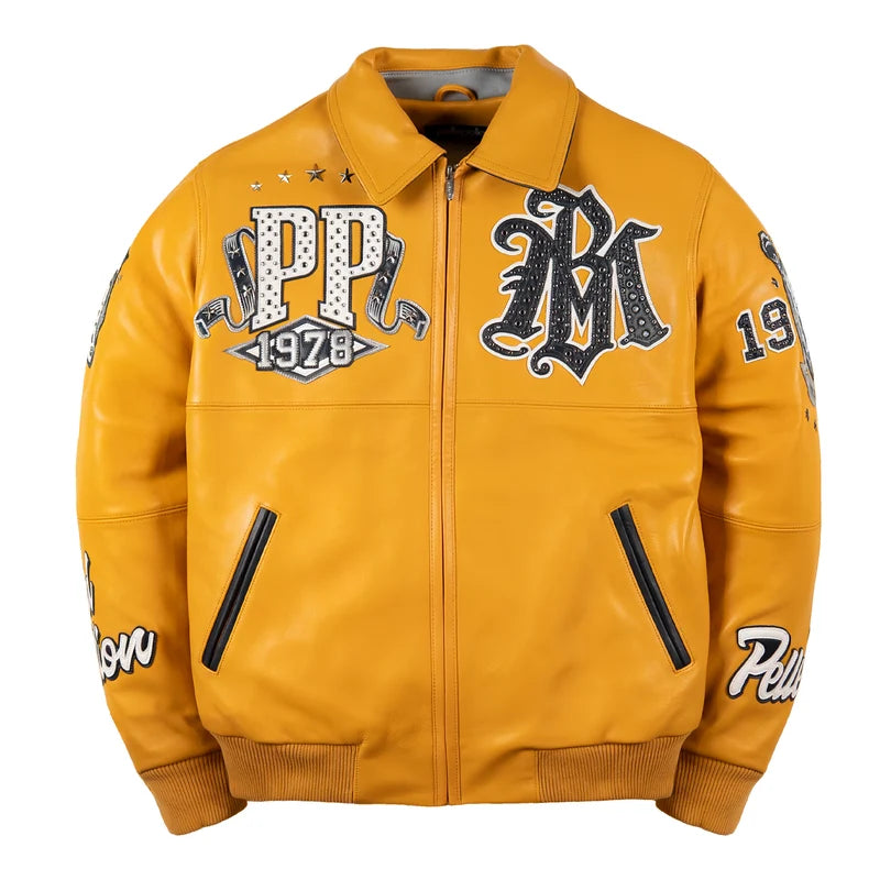 Front view of mustard yellow Pelle Pelle All Time Champions jacket with PP 1978 graphics, decorative sleeves, and two side pockets