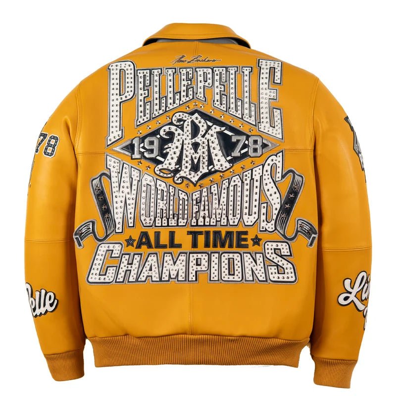 Back view of mustard yellow Pelle Pelle All Time Champions jacket with oversized championship lettering and black and white graphics