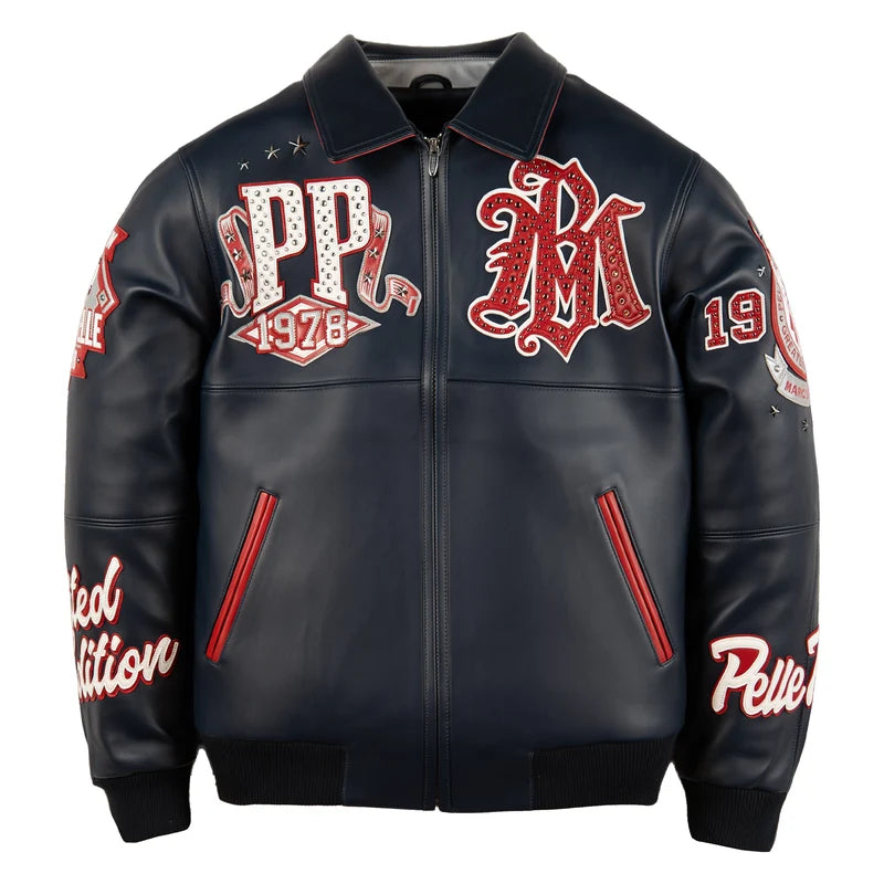Front view of navy blue Pelle Pelle All Time Champions jacket with red and white PP 1978 graphics, decorative sleeves, and two side pocket