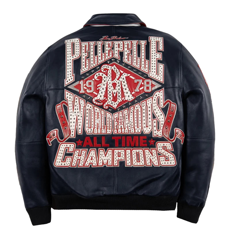 Back view of navy blue Pelle Pelle All Time Champions jacket with oversized red and white championship lettering and decorative graphics