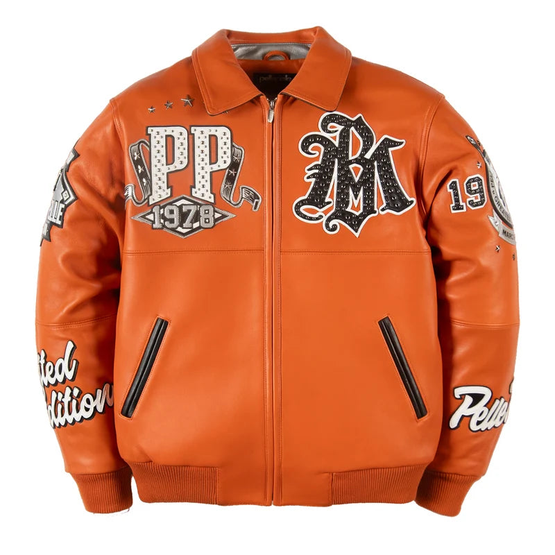 Front view of orange Pelle Pelle All Time Champions jacket with PP 1978 graphics, decorative sleeve details, and two side pockets