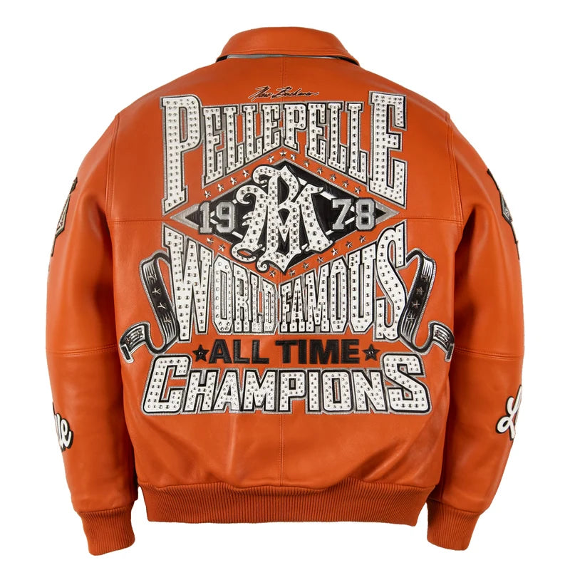 Back view of orange Pelle Pelle All Time Champions jacket with oversized championship lettering and black and white decorative graphics