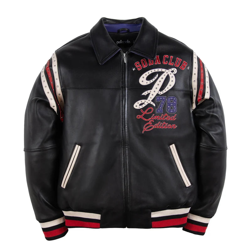 Pelle Pelle Only The Strong black jacket featuring studded chest graphics, red and ivory shoulder stripes and a front zipper