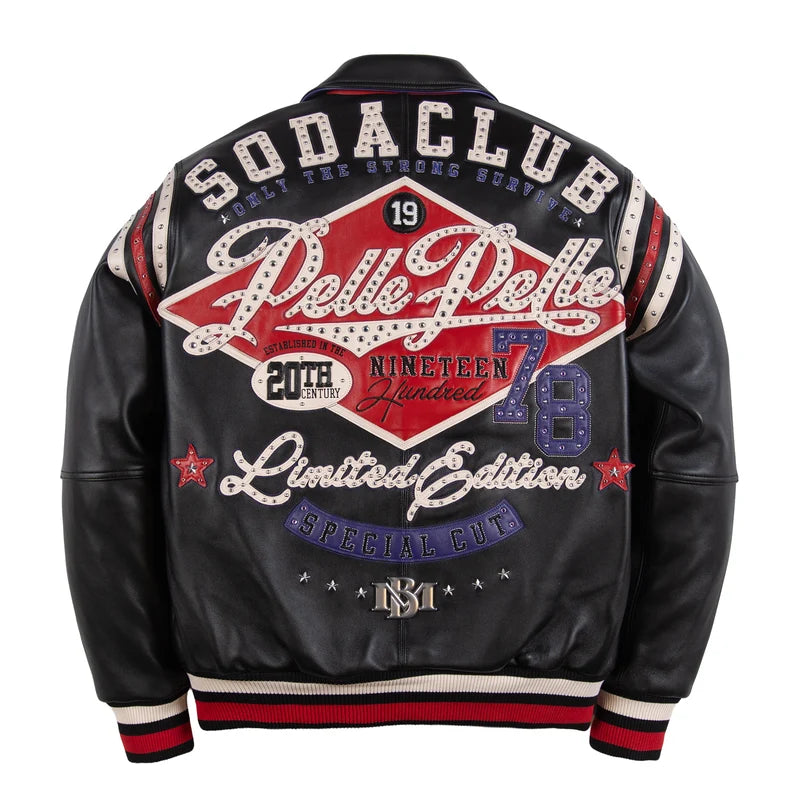 Pelle Pelle Only The Strong black jacket with large decorative back graphics, studded lettering and striped ribbed hem.