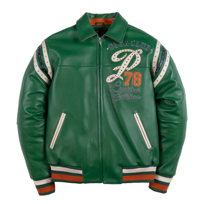 Front view of the green Pelle Pelle jacket with decorative chest graphics, angled pockets, a front zipper and striped ribbed cuffs.